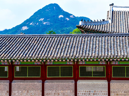 A building with a green roof and a mountain in the background. The roof is made of tilesの写真素材