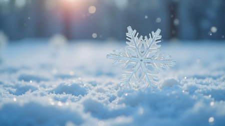 A snowflake is sitting on the snow. The snowflake is white and has a pointy tip