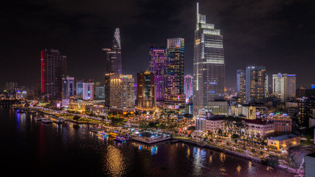 Night view of Ho Chi Minh city, taken by droneの写真素材