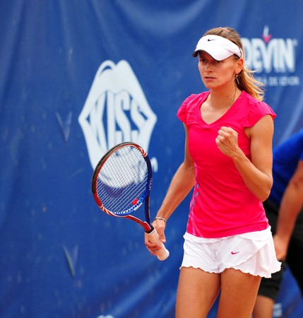 BUCHAREST - August 1: Czech Zuzana Ondraskova reacts during the finals of the $75,000 ITF / WTA tournament のeditorial素材