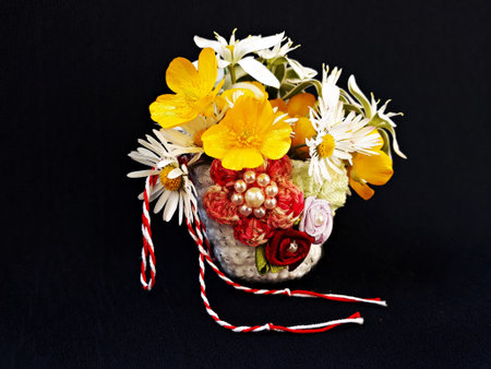 Handmade crocheted basket with red and white string, known as Martisor. It is a Romanian traditional symbol of the beginning of spring. Isolated on black background.の写真素材
