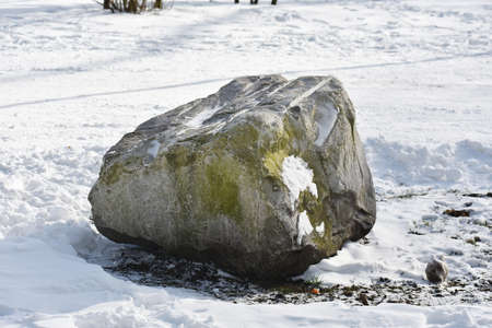 Decorative stone covered with snow in the park.の写真素材