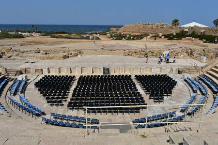Ruins of the ancient Roman amphitheater in the ancient city of Caesarea, on the coast of...