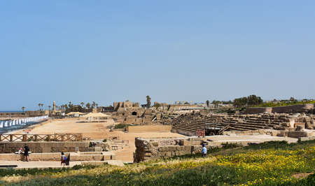 Ruins of the ancient city port of Caesarea. Caesarea was a Roman city named after the Caesar and built by King Herod the Great.の写真素材