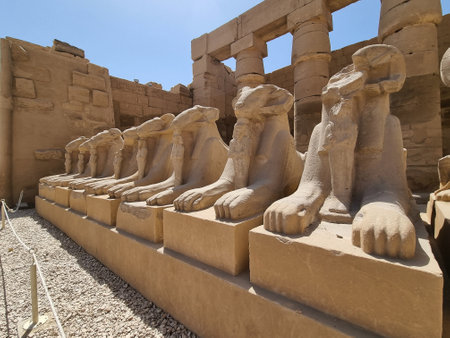 22- March- 2022. Row of ram-headed sphinxes at Karnak Temple, Luxor, Egypt.のeditorial素材