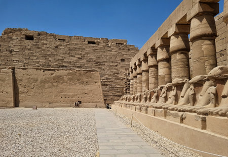 22- March- 2022. Row of ram-headed sphinxes at Karnak Temple, Luxor, Egypt.のeditorial素材