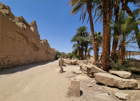 22- March- 2022. Ruins of Karnak Temple complex in Luxor, Egypt. Stones engraved with ancient...
