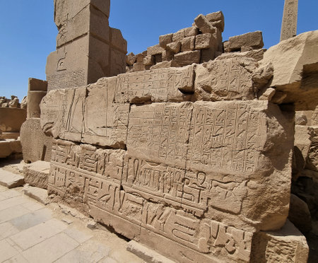 22- March- 2022. Carvings and hieroglyphics on the exterior wall, at the Karnak Temple Complex in Luxor, Egypt.のeditorial素材