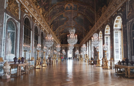 2-September-2020. Interior of the Palace of Versailles, France. The Hall of Mirrors.