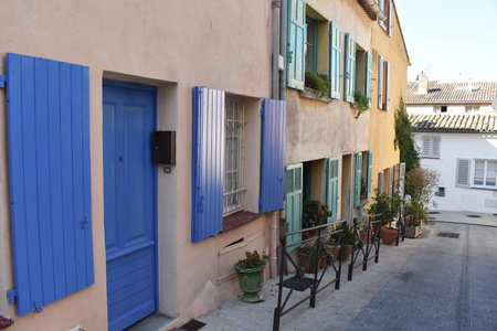 August- 8- 2020. Typical street at old town of Saint Tropez, Southern France.