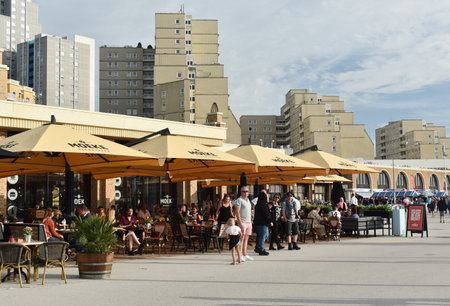 July- 18- 2020. Terrace of cafe restaurant Moeke, on the boulevard of Scheveningen, Netherlands.のeditorial素材