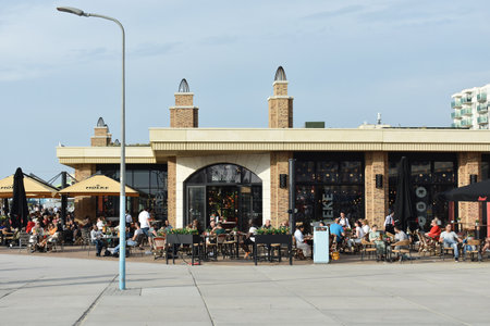 July- 18- 2020. Terrace of cafe restaurant Moeke, on the boulevard of Scheveningen, Netherlands.のeditorial素材