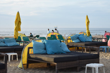 July- 18- 2020. Luxury sunbeds on Scheveningen beach at North Sea, Netherlands.のeditorial素材