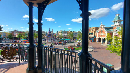 09-17-2022. France. Aerial view of Disneyland at Euro Disney Resort near Paris, with Main Street, tourist and shops.のeditorial素材