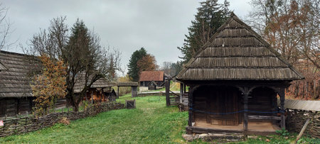 November 9, 2022. The National Ethnographic Park Romulus Vuia, at Cluj County, Romania. Farmstead with double yard from Maramures area, dated 1795.のeditorial素材
