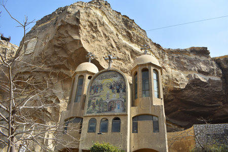 3- 17- 2022. St. Simon the Tanner Cathedral, also known as the Cave Church, is located in the Mokattam mountain in southeastern Cairo, Egypt.のeditorial素材