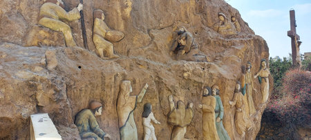 3- 17- 2022. St. Simon the Tanner Cathedral, also known as the Cave Church, in Mokattam Cairo, Egypt. Rock carving, representing scenarios from the Bible. Sermon on the mount.のeditorial素材