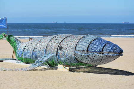 6-28- 2019, Scheveningen, The Hague, Netherlands.
Jojo, a massive whale made of 10.000 plastic bottles designed by  Caroline Dima from TrashUre Hunt, de Beach Summer Challenge.のeditorial素材