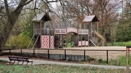 View of a public playground for children at Zuiderpark in The Hague, Netherlands. Children's playground in the city park.の写真素材