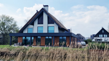 Close up view of a beautiful house in Amstelveen, Netherlands.の写真素材