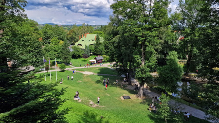 August 11, 2023. View of a beautiful garden in front of Bran Castle, also known as Dracula's Castle, in Transylvania, Romania.のeditorial素材