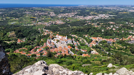 Panoramic view of Sintra town, Portugal, seen from the Moorish Castle.の写真素材