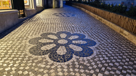 View of a stone pavement in perspective. Cobblestone walkway with flower pattern.