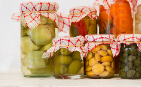variety of jars with organic vegetable picklesの写真素材