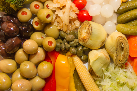 background pickles of assorted vegetables seen from aboveの写真素材