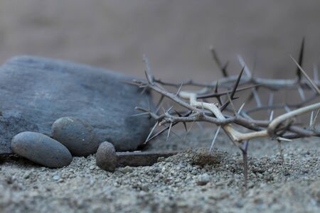 crown of thorns and nails symbols of the Christian crucifixion in Easterの写真素材