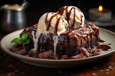Fresh brownie with ice cream beside and coffee, a tempting and comforting scene., generative AIの素材