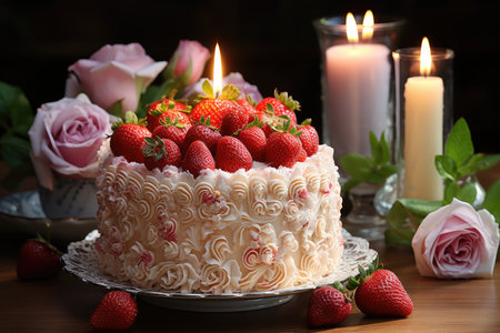 Bocket cake, flowers and fresh strawberries on charming scene., generative AIの素材