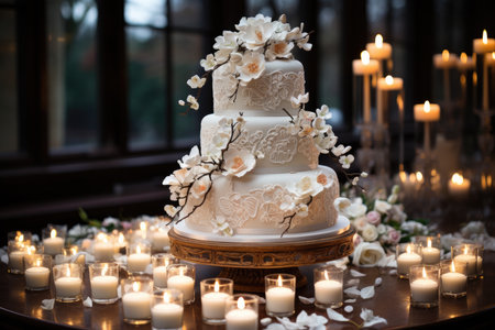 Wedding cake luxuriously decorated with floral and fruity details., generative AIの素材