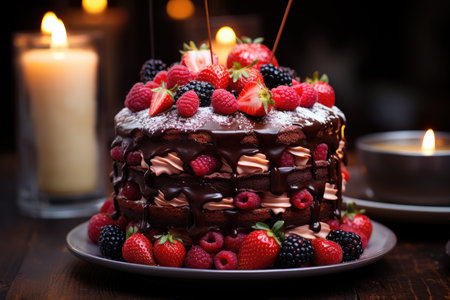 Layer cake with fruits and candles, vibrant celebration., generative AIの素材