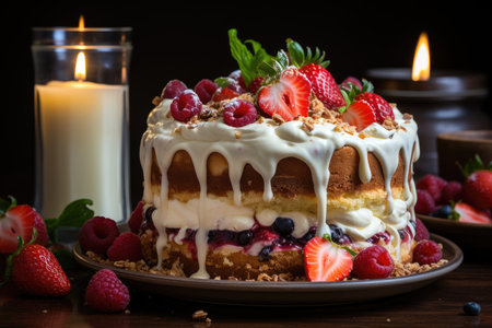 Fresh cake with cream, strawberries and colored candles., generative AIの素材