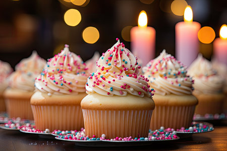 Vanilla Cupcake with pink topping and bright plaid towel candles., generative AIの素材