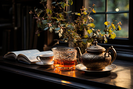 Bullet of coffee, grains and book in a welcoming scene., generative AIの素材