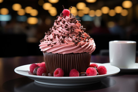Huge raspberry cupcake on artistic culinary scene., generative AIの素材