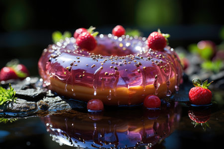 Giant donut surrounded by strawberries in Chocolate Lake, under the rainbow of confectionery., generative AIの素材