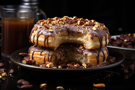 Chocolate donut with hazelnut beside steady coffee., generative AIの素材