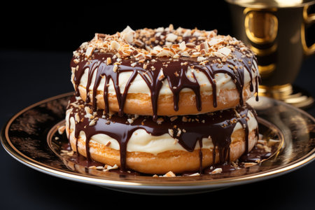 Chocolate donut next to vapor coffee., generative AIの素材