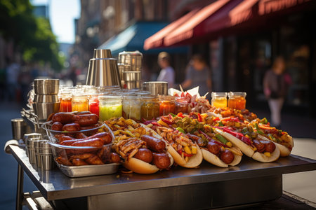 Hot dog cart on a busy street. Anxious crowd, tempting steam., generative AIの素材