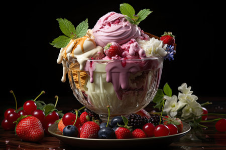 Colorful ice cream on crispy cone with whipped cream and fruits., generative AIの素材