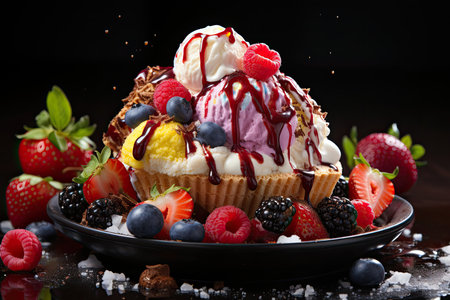 Colorful ice cream with fresh fruits and syrup., generative AIの素材