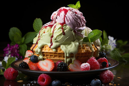 Colorful ice cream on crispy cone with whipped cream and fruits., generative AIの素材