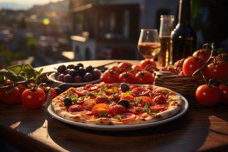 Italian table full under centenary olive groves in lively square., generative AIの素材