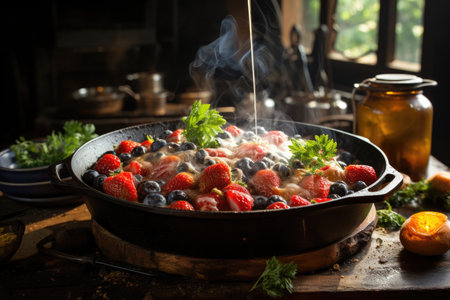 Golden pancakes with fresh fruits and syrup, in rustic environment., generative AIの素材