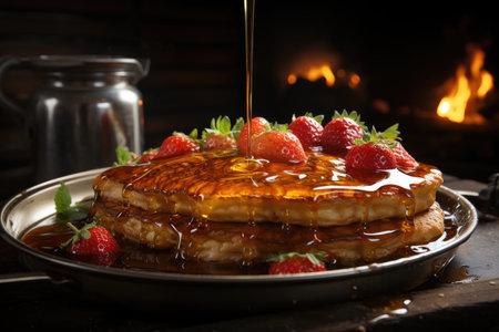 Golden pancake with honey, strawberries and steam in a welcoming kitchen., generative AIの素材