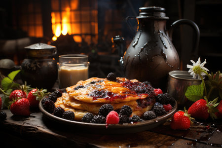 Golden pancakes with fresh fruits and syrup, in rustic environment., generative AIの素材