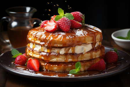 Golden pancakes with strawberries and syrup, appetizing aspect., generative AIの素材